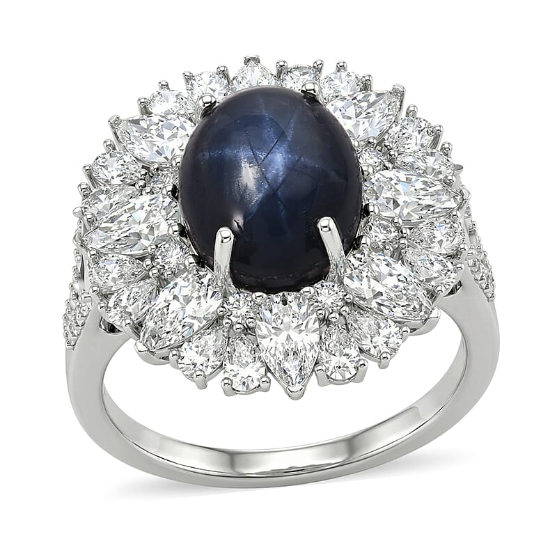 D'Joy Blue Star Sapphire (DF) and Multi Gemstone 10.15 ctw Royal Star Bloom Ring in Rhodium Over Sterling Silver (Size 10.0)