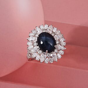 D'Joy Blue Star Sapphire (DF) and Multi Gemstone 10.15 ctw Royal Star Bloom Ring in Rhodium Over Sterling Silver (Size 10.0)
