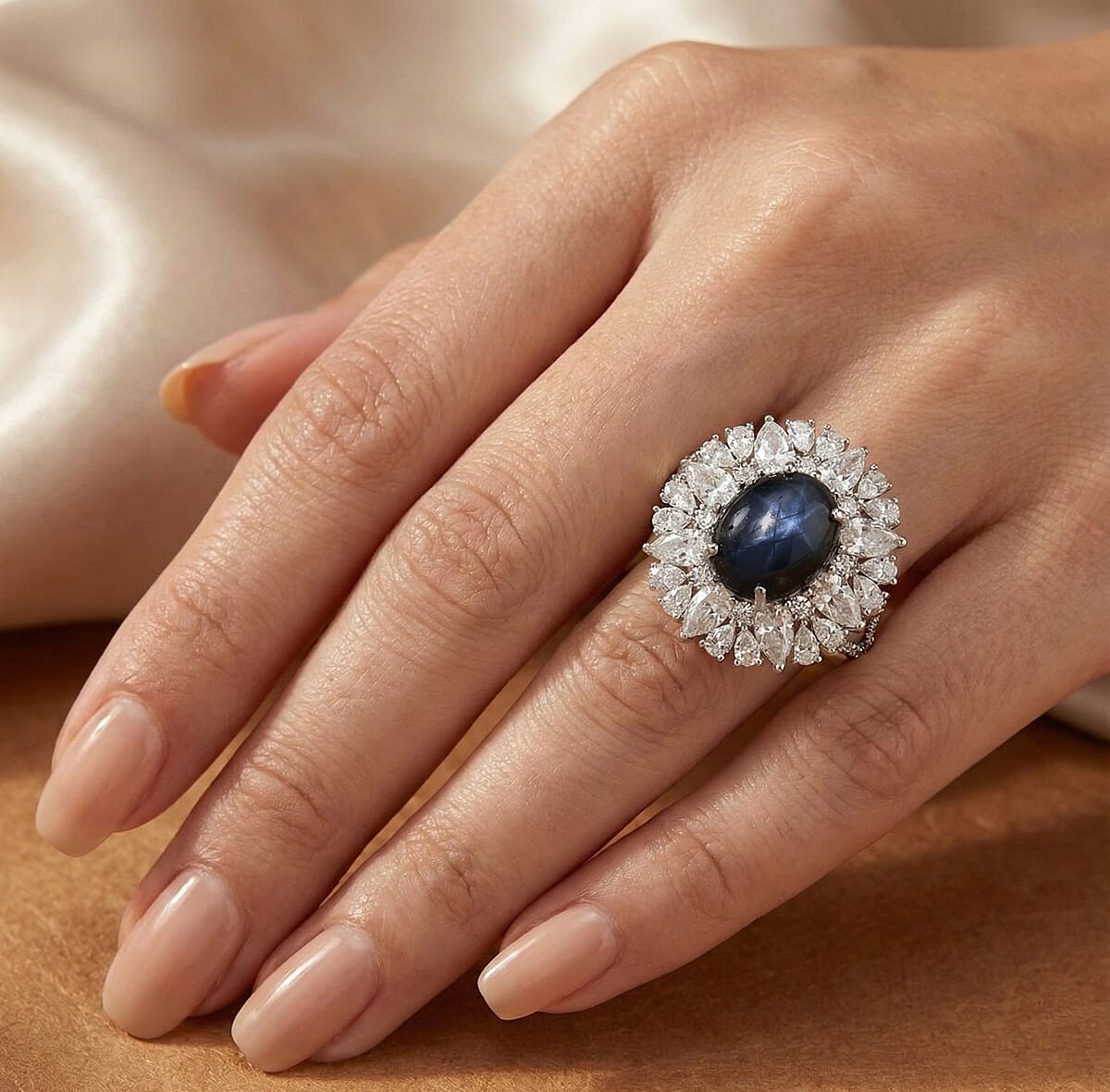 D'Joy Blue Star Sapphire (DF) and Multi Gemstone 10.15 ctw Royal Star Bloom Ring in Rhodium Over Sterling Silver (Size 10.0) (Del. in 8-10 Days) image number 1