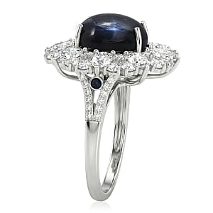 D'Joy Blue Star Sapphire (DF) and Multi Gemstone 10.15 ctw Royal Star Bloom Ring in Rhodium Over Sterling Silver (Size 10.0)