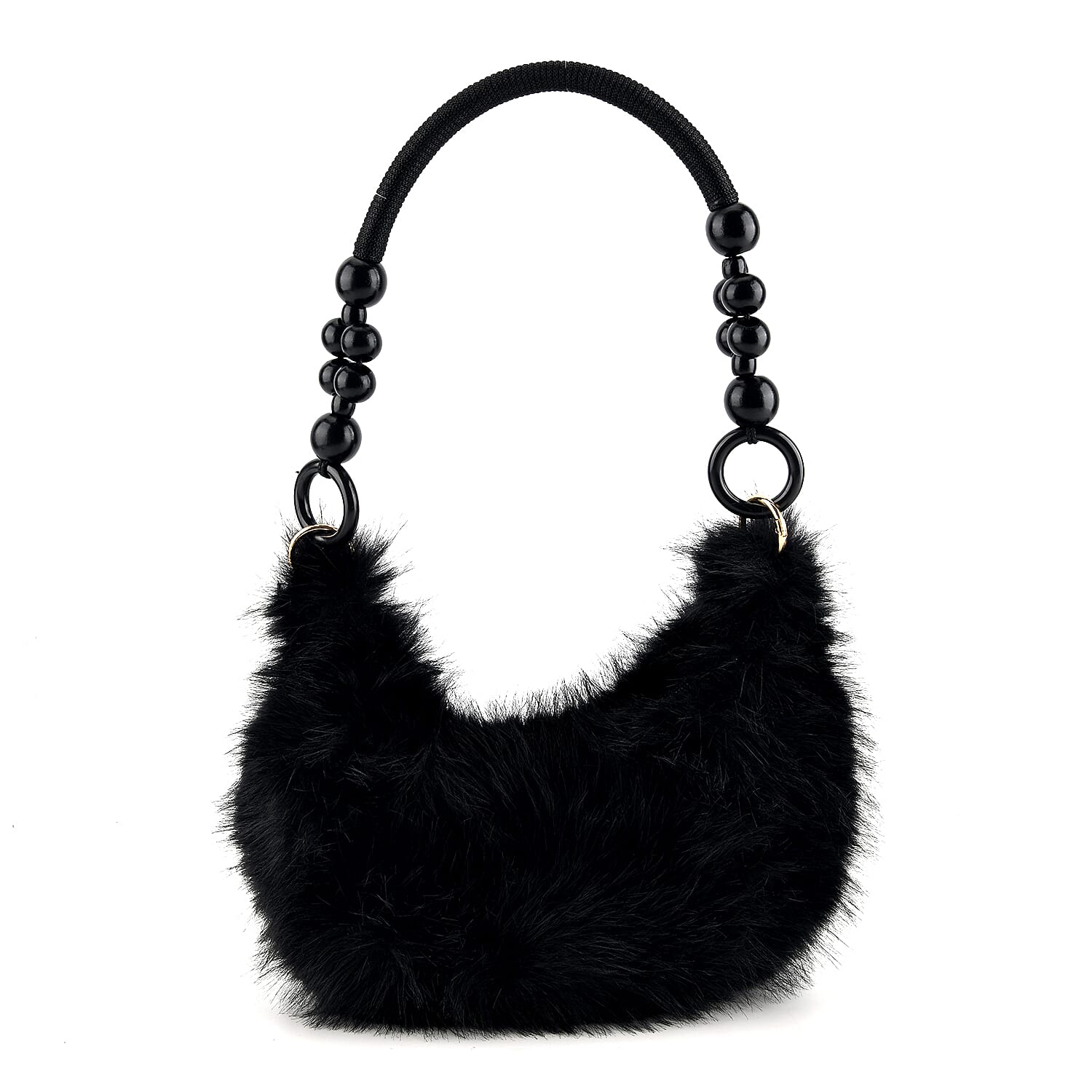 La Marey Black Solid Fur Hobo Bag with Wooden Bead Handle