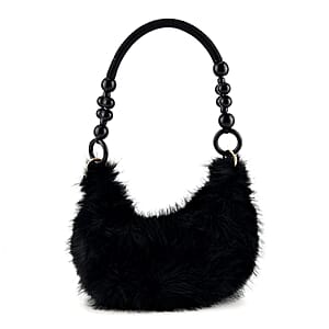 La Marey Black Solid Fur Hobo Bag with Wooden Bead Handle
