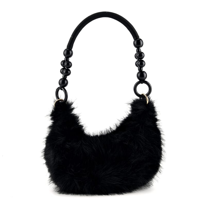 La Marey Black Solid Fur Hobo Bag with Wooden Bead Handle