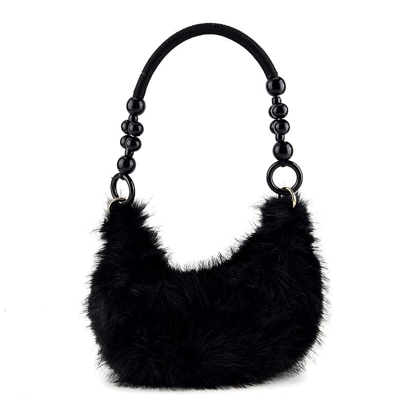 La Marey Black Solid Fur Hobo Bag with Wooden Bead Handle