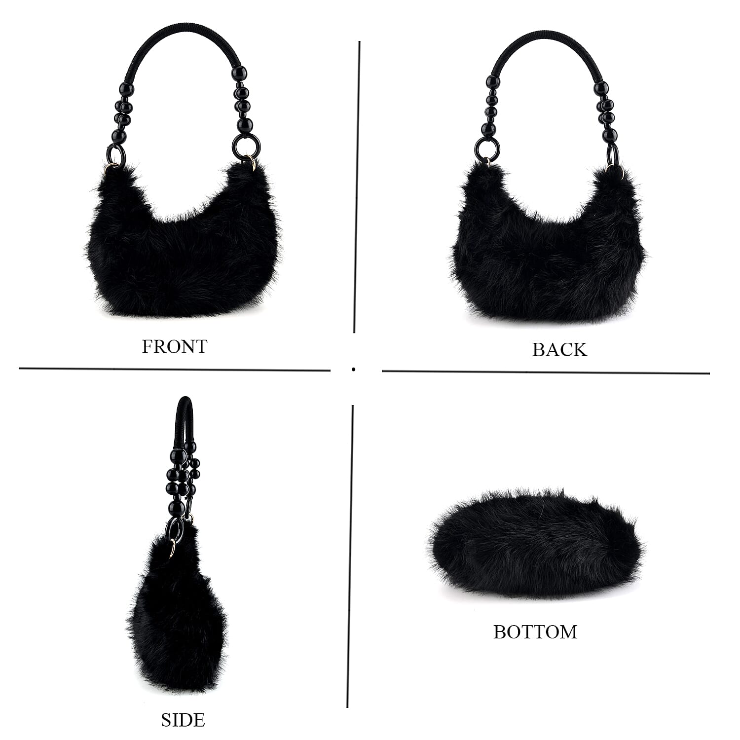 La Marey Black Solid Fur Hobo Bag with Wooden Bead Handle