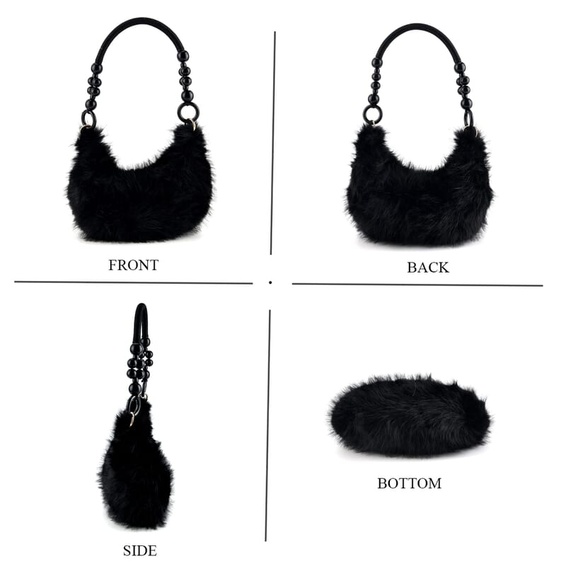 La Marey Black Solid Fur Hobo Bag with Wooden Bead Handle