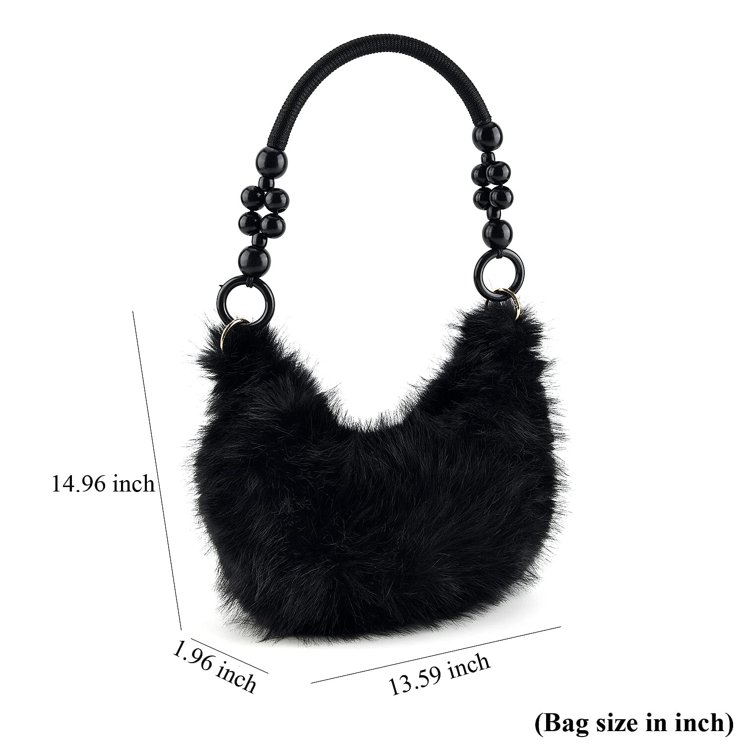 La Marey Black Solid Fur Hobo Bag with Wooden Bead Handle