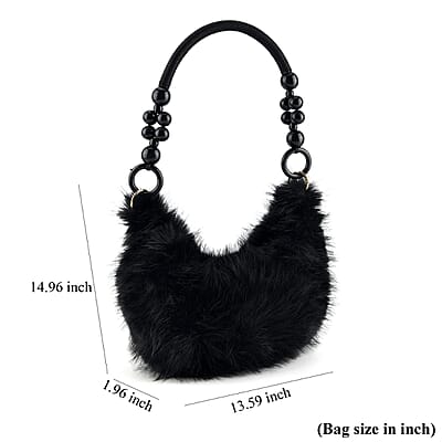 La Marey Black Solid Fur Hobo Bag with Wooden Bead Handle
