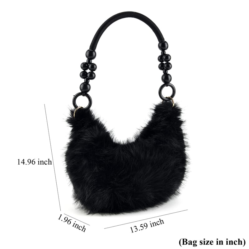 La Marey Black Solid Fur Hobo Bag with Wooden Bead Handle