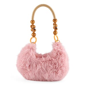 La Marey Pink Solid Fur Hobo Bag with Wooden Bead Handle