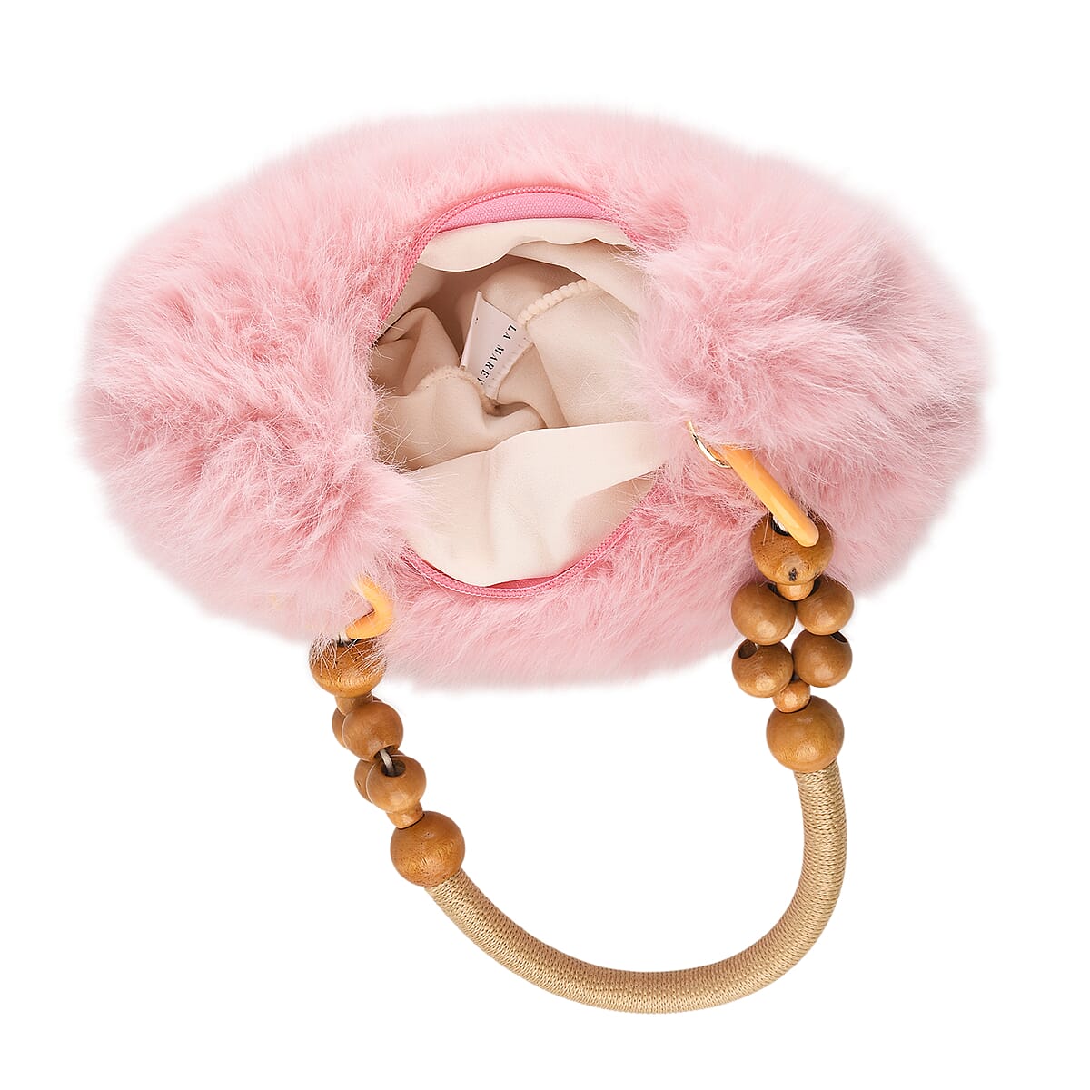 La Marey Pink Solid Fur Hobo Bag with Wooden Bead Handle image number 2