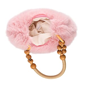 La Marey Pink Solid Fur Hobo Bag with Wooden Bead Handle