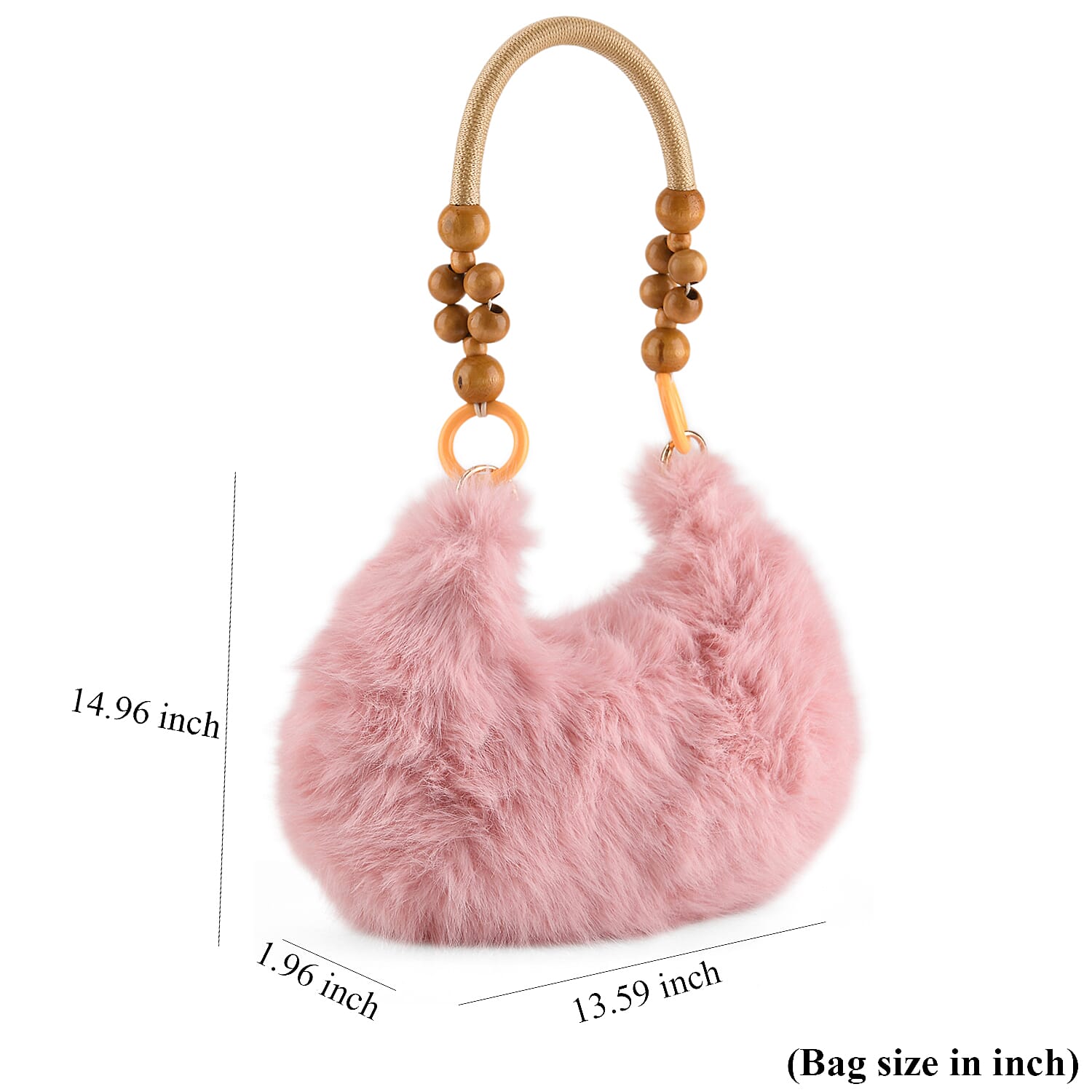 La Marey Pink Solid Fur Hobo Bag with Wooden Bead Handle