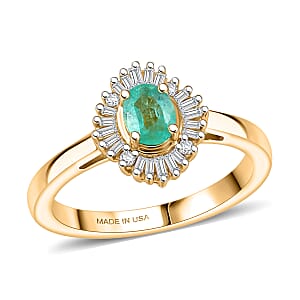 D'Joy Boyaca Colombian Emerald and Diamond 0.60 ctw Sunburst Halo Ring in 18K Vermeil Yellow Gold Over Sterling Silver (Size 10.0)