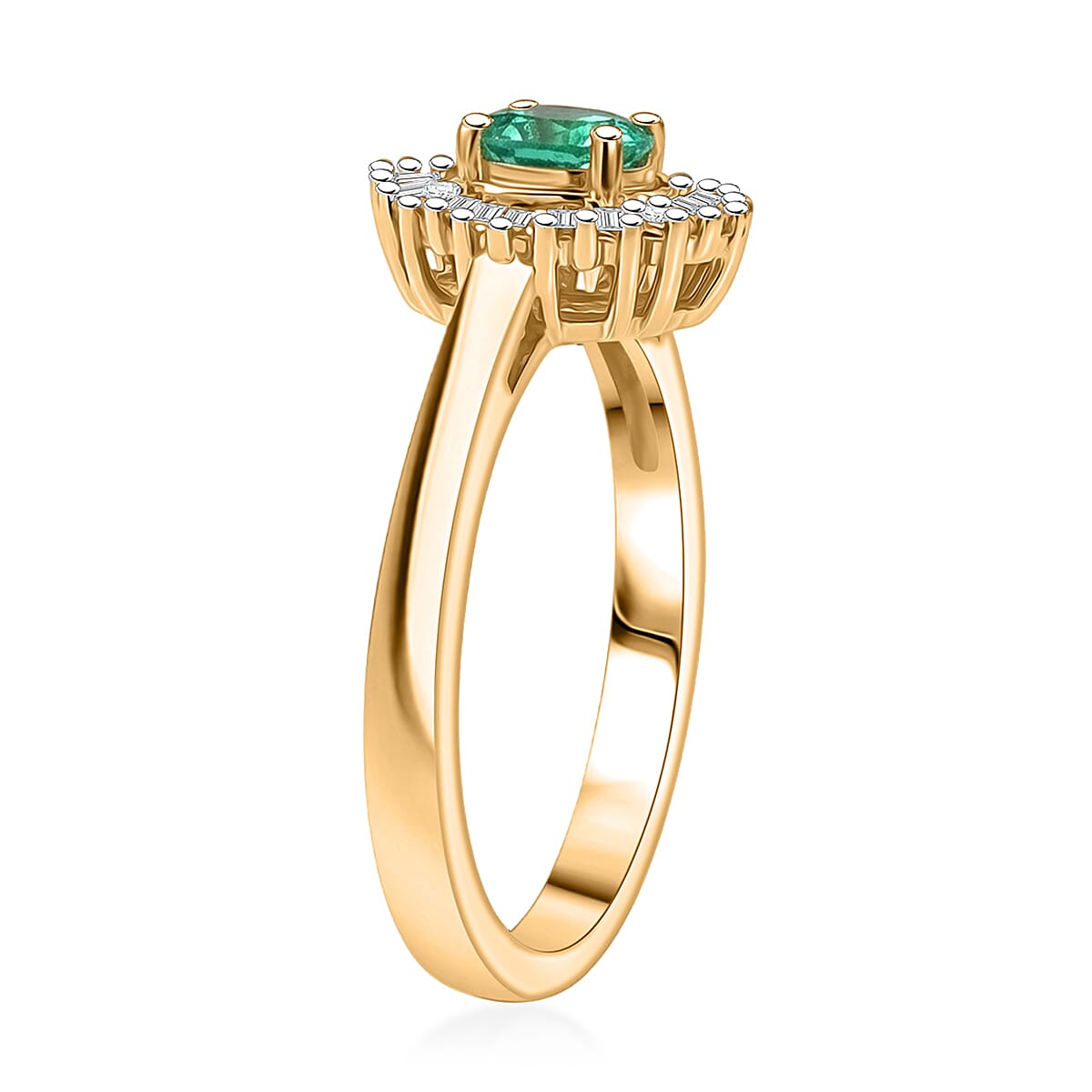 D'Joy Boyaca Colombian Emerald and Diamond 0.60 ctw Sunburst Halo Ring in 18K Vermeil Yellow Gold Over Sterling Silver (Size 10.0) image number 3