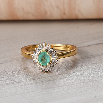 D'Joy Boyaca Colombian Emerald and Diamond 0.60 ctw Sunburst Halo Ring in 18K Vermeil Yellow Gold Over Sterling Silver (Size 8.0)