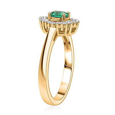 D'Joy Boyaca Colombian Emerald and Diamond 0.60 ctw Sunburst Halo Ring in 18K Vermeil Yellow Gold Over Sterling Silver (Size 8.0)
