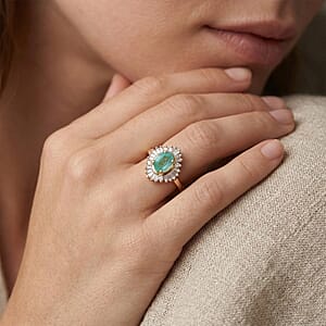 D'Joy Boyaca Colombian Emerald and Diamond 0.60 ctw Sunburst Halo Ring in 18K Vermeil Yellow Gold Over Sterling Silver (Size 9.0)
