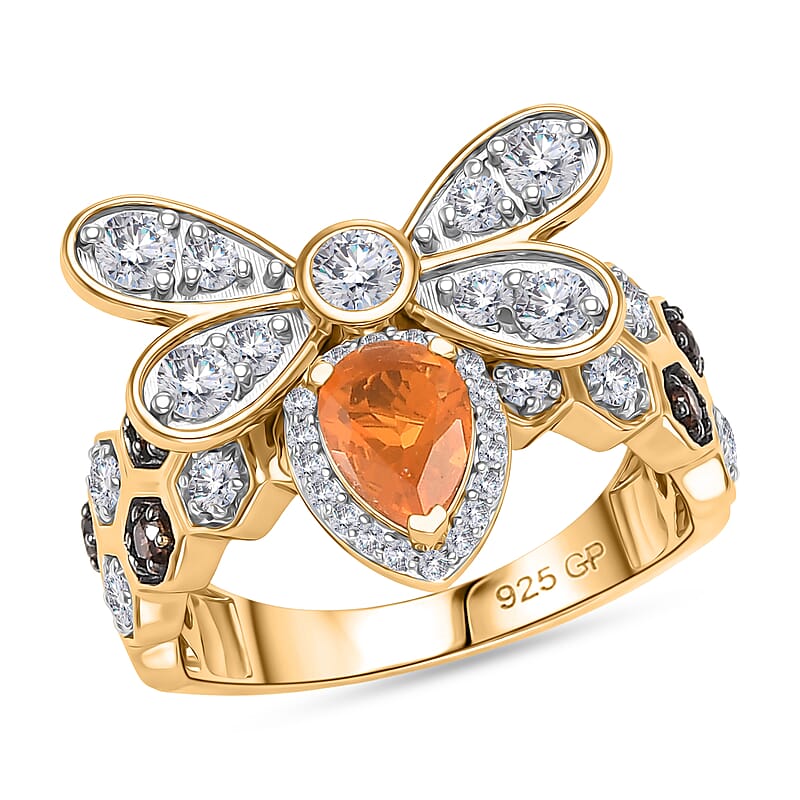 GP Premium Jalisco Fire Opal, Brown and White Zircon 2.50 ctw Ring in 18K Vermeil Yellow Gold Over Sterling Silver (Size 7.5)
