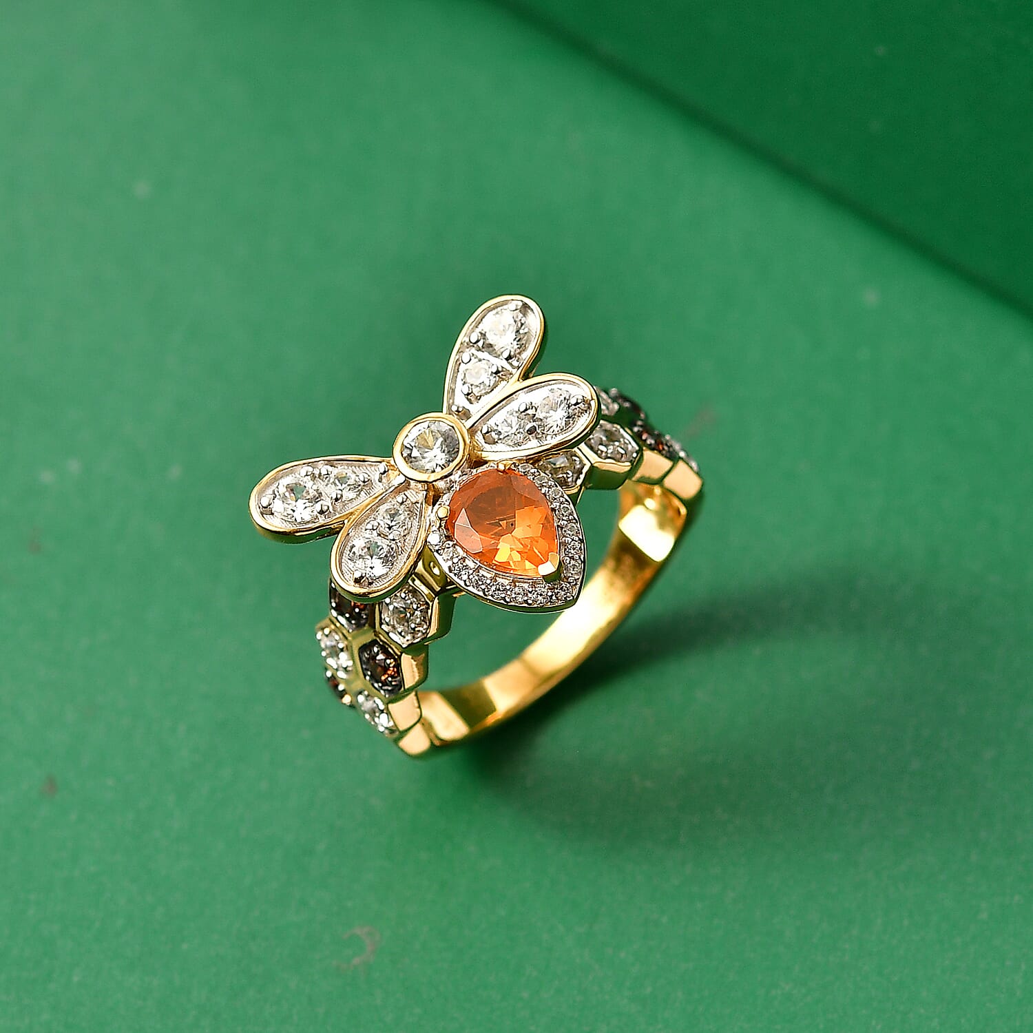 GP Premium Jalisco Fire Opal, Brown and White Zircon 2.50 ctw Ring in 18K Vermeil Yellow Gold Over Sterling Silver (Size 7.5)