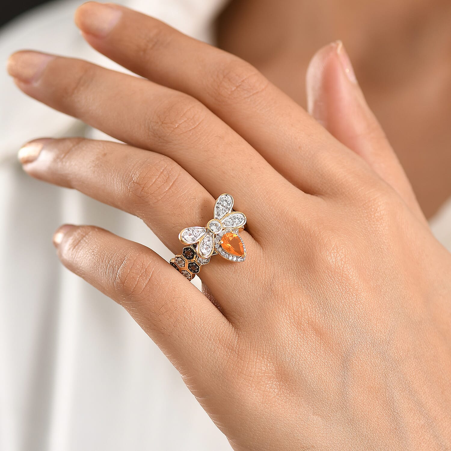 GP Premium Jalisco Fire Opal, Brown and White Zircon 2.50 ctw Ring in 18K Vermeil Yellow Gold Over Sterling Silver (Size 7.5)