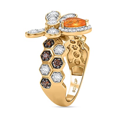 GP Premium Jalisco Fire Opal, Brown and White Zircon 2.50 ctw Ring in 18K Vermeil Yellow Gold Over Sterling Silver (Size 7.5)