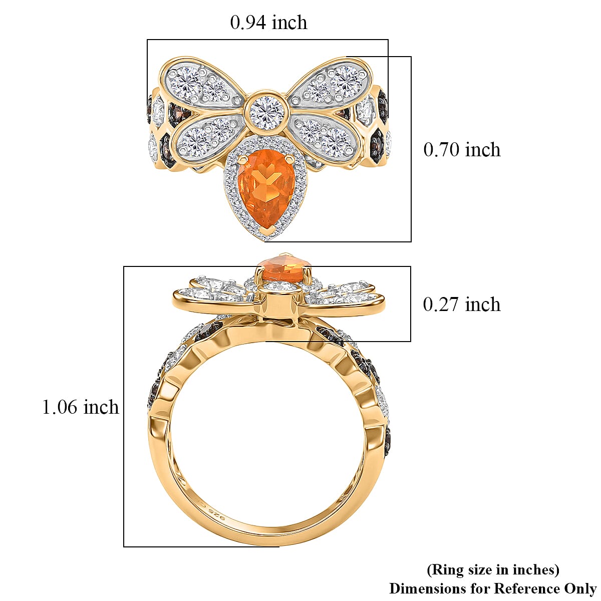 GP Premium Jalisco Fire Opal, Brown and White Zircon 2.50 ctw Ring in 18K Vermeil Yellow Gold Over Sterling Silver (Size 7.5)