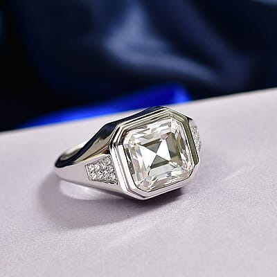 D'Joy Moissanite (Oct 12x12mm) Men's Ring in Rhodium Over Sterling Silver (Size 13.0) 9.60 ctw
