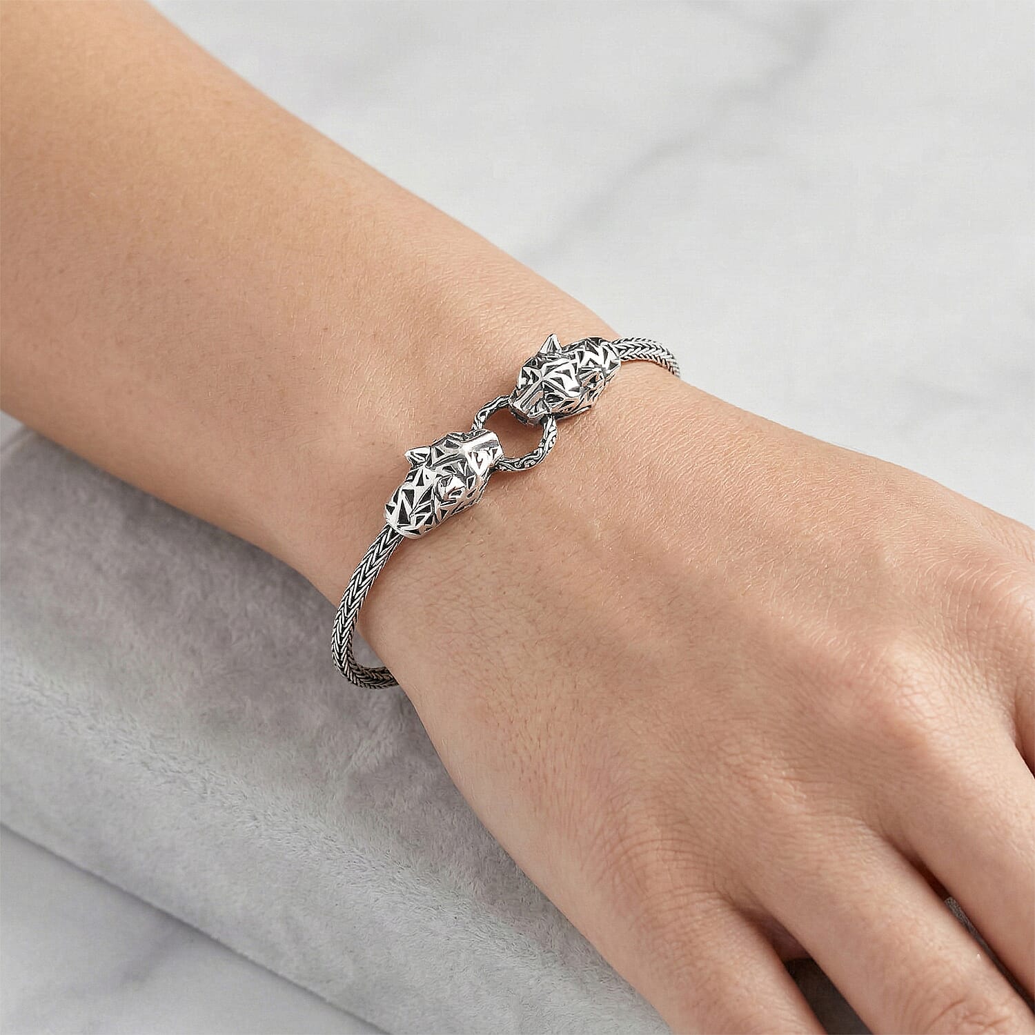 D'Joy Bali Legacy Panther Bracelet in Sterling Silver (6.50-8.0In) 11.30 Grams