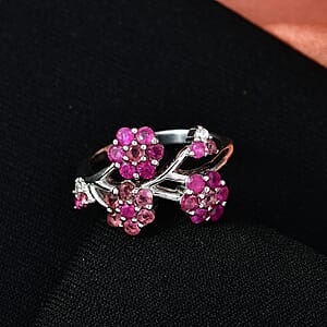 D'Joy Niassa Ruby (FF), Pink Tourmaline and White Zircon 1.35 ctw Ring in Rhodium Over Sterling Silver (Size 5.0)
