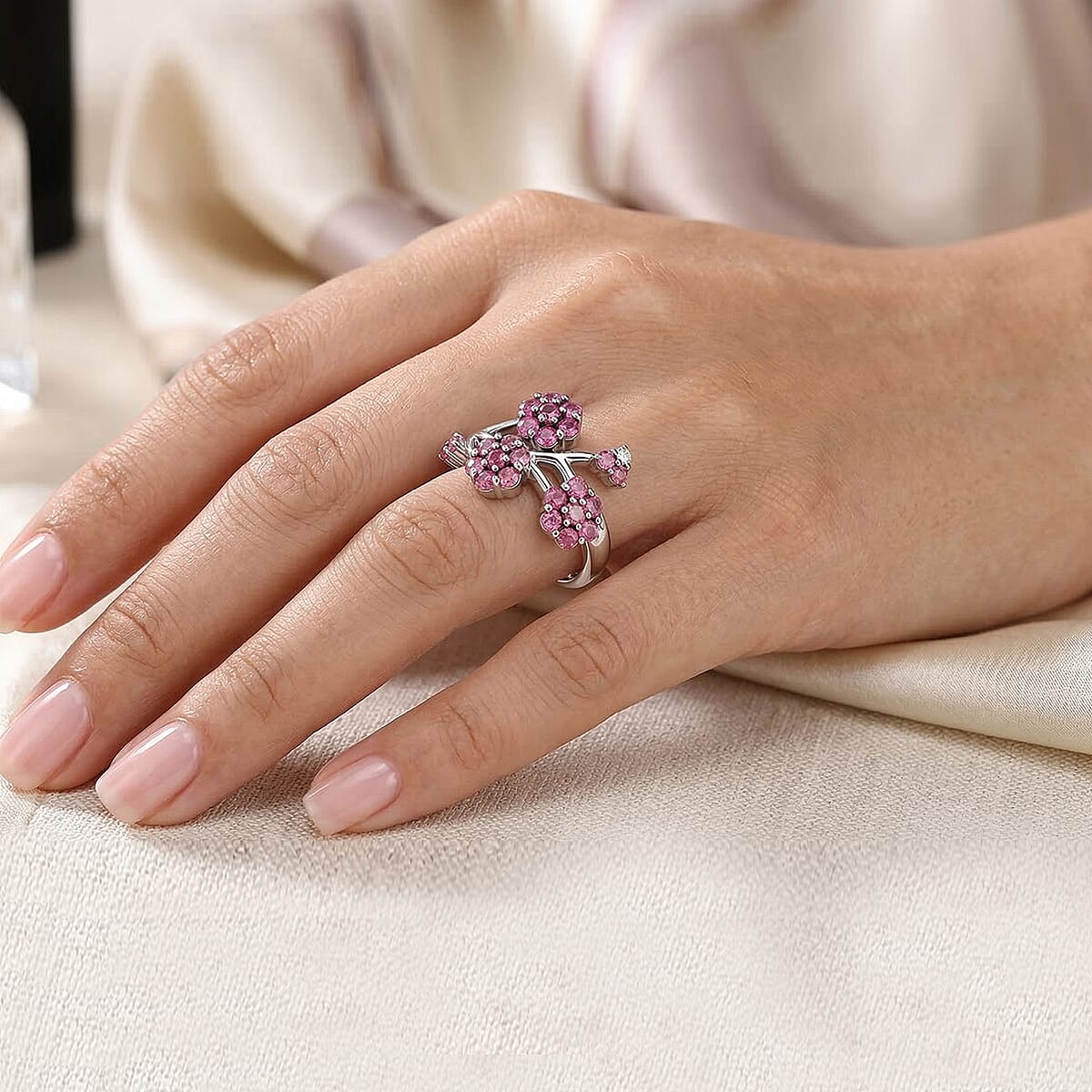 D'Joy Niassa Ruby (FF), Pink Tourmaline and White Zircon 1.35 ctw Ring in Rhodium Over Sterling Silver (Size 5.0) image number 2