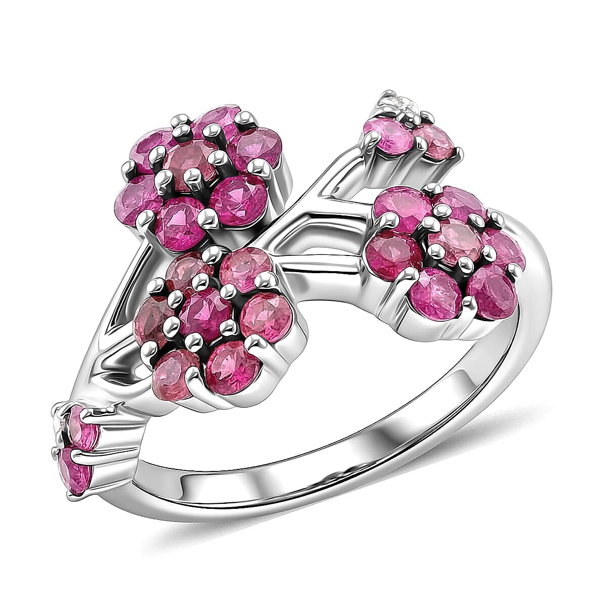 D'Joy Niassa Ruby (FF), Pink Tourmaline and White Zircon Ring in Rhodium Over Sterling Silver (Size 10.0) 1.35 ctw