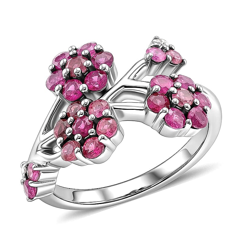 D'Joy Niassa Ruby (FF), Pink Tourmaline and White Zircon Ring in Rhodium Over Sterling Silver (Size 7.0) 1.35 ctw