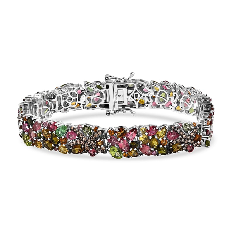 D'Joy Premium Multi-Tourmaline and Champagne Zircon 20.90 ctw Seashell Bracelet in Rhodium Over Sterling Silver (7.25 In)