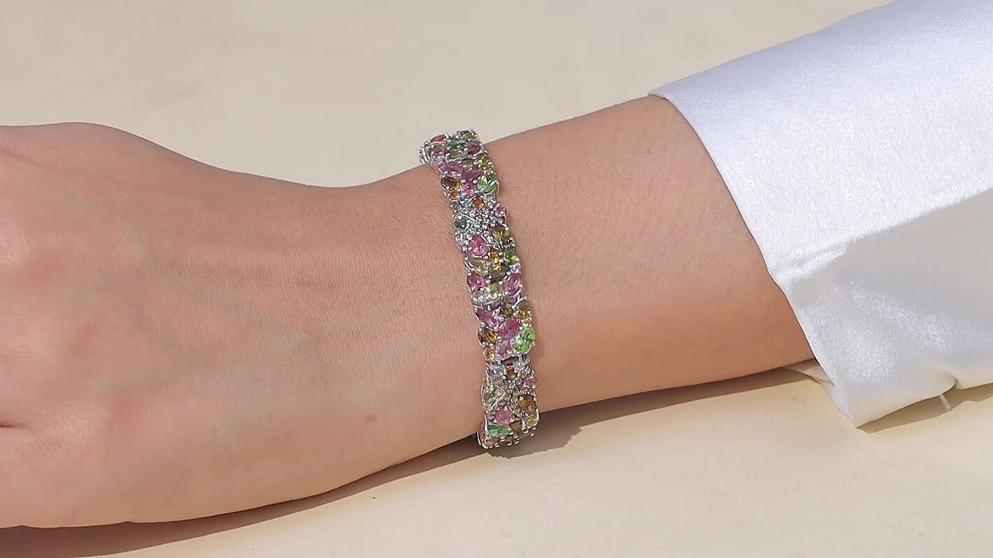 D'Joy Premium Multi-Tourmaline and Champagne Zircon 20.90 ctw Seashell Bracelet in Rhodium Over Sterling Silver (7.25 In)