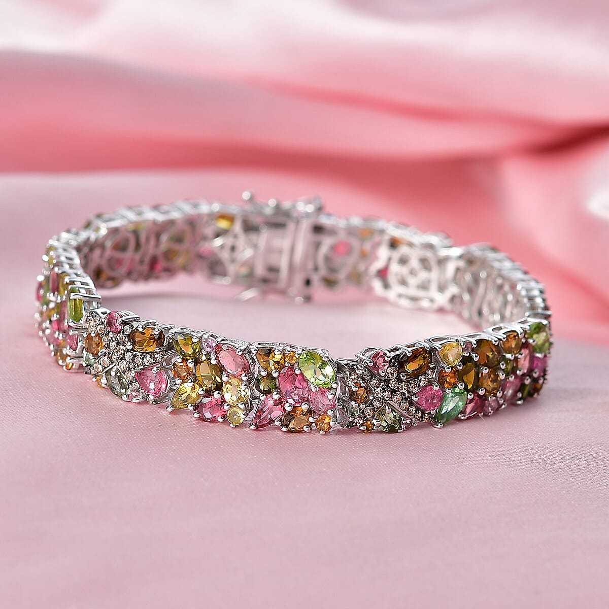 D'Joy Premium Multi-Tourmaline and Champagne Zircon 20.90 ctw Seashell Bracelet in Rhodium Over Sterling Silver (7.25 In) image number 1