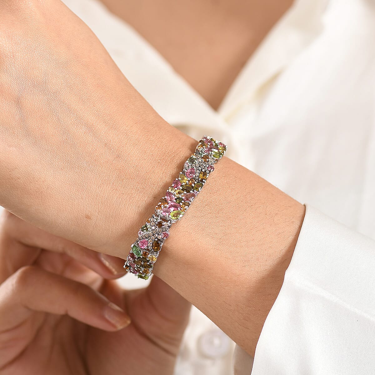 D'Joy Premium Multi-Tourmaline and Champagne Zircon 20.90 ctw Seashell Bracelet in Rhodium Over Sterling Silver (7.25 In) image number 2