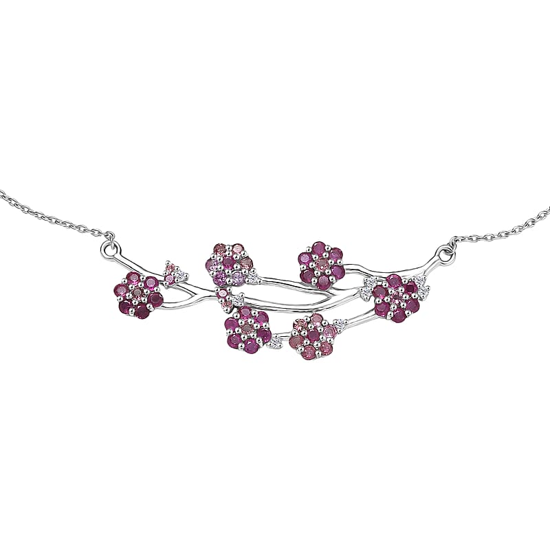 D'Joy Niassa Ruby (FF) and Pink Tourmaline and White Zircon 3.70 ctw Necklace in Rhodium Over Sterling Silver 18-20 Inches