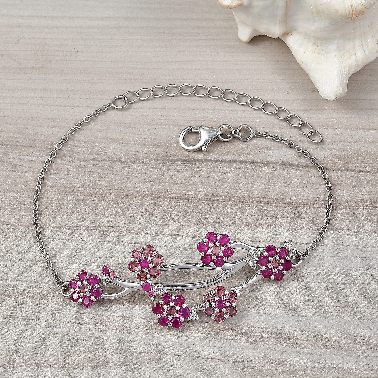 D'Joy Niassa Ruby (FF), Pink Tourmaline and White Zircon 4.20 ctw Bracelet in Rhodium Over Sterling Silver (6.5-8.5In)