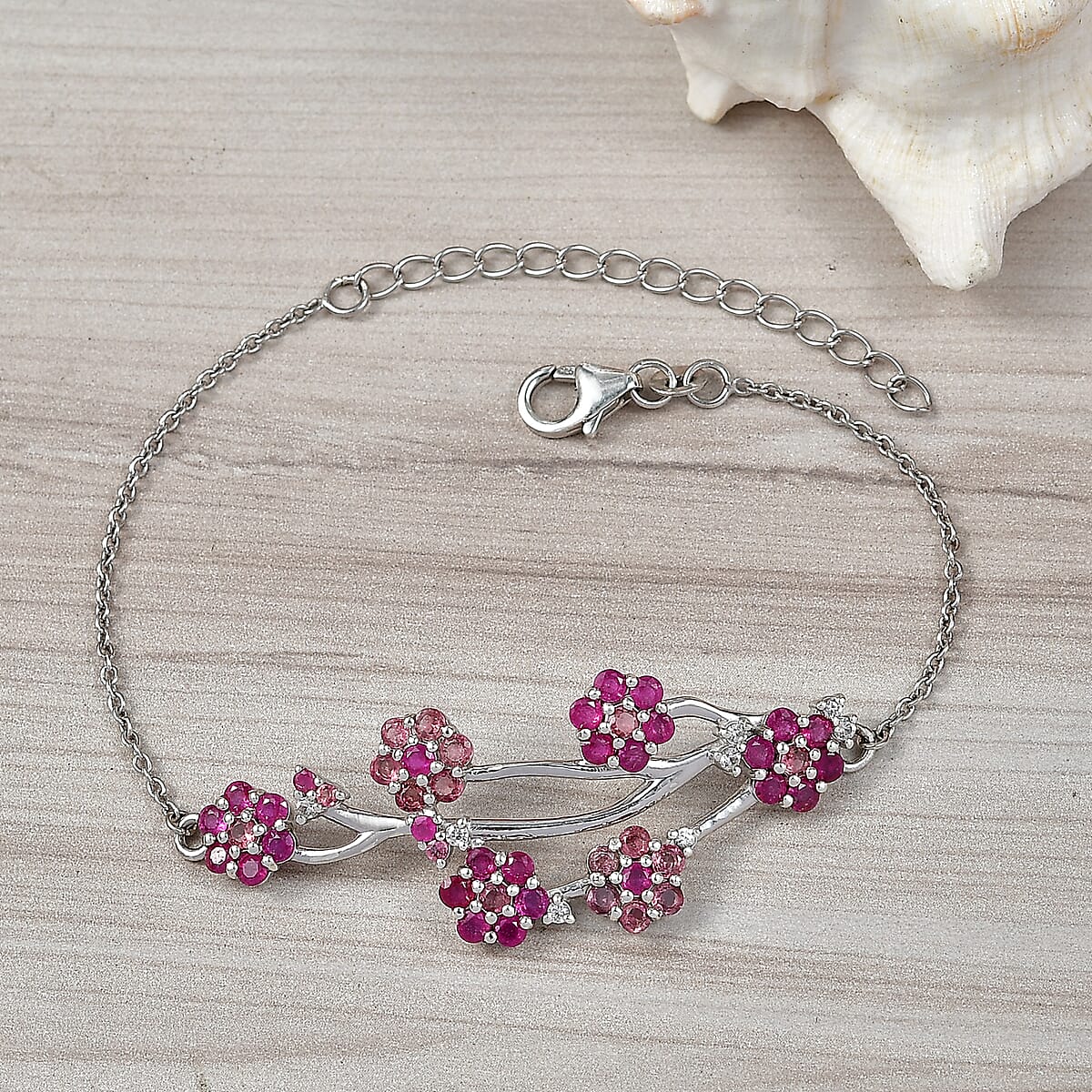 D'Joy Niassa Ruby (FF), Pink Tourmaline and White Zircon 4.20 ctw Bracelet in Rhodium Over Sterling Silver (6.5-8.5In) image number 1
