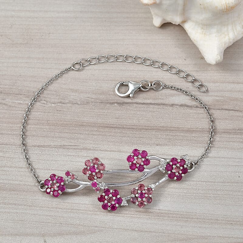 D'Joy Niassa Ruby (FF), Pink Tourmaline and White Zircon 4.20 ctw Bracelet in Rhodium Over Sterling Silver (6.5-8.5In)