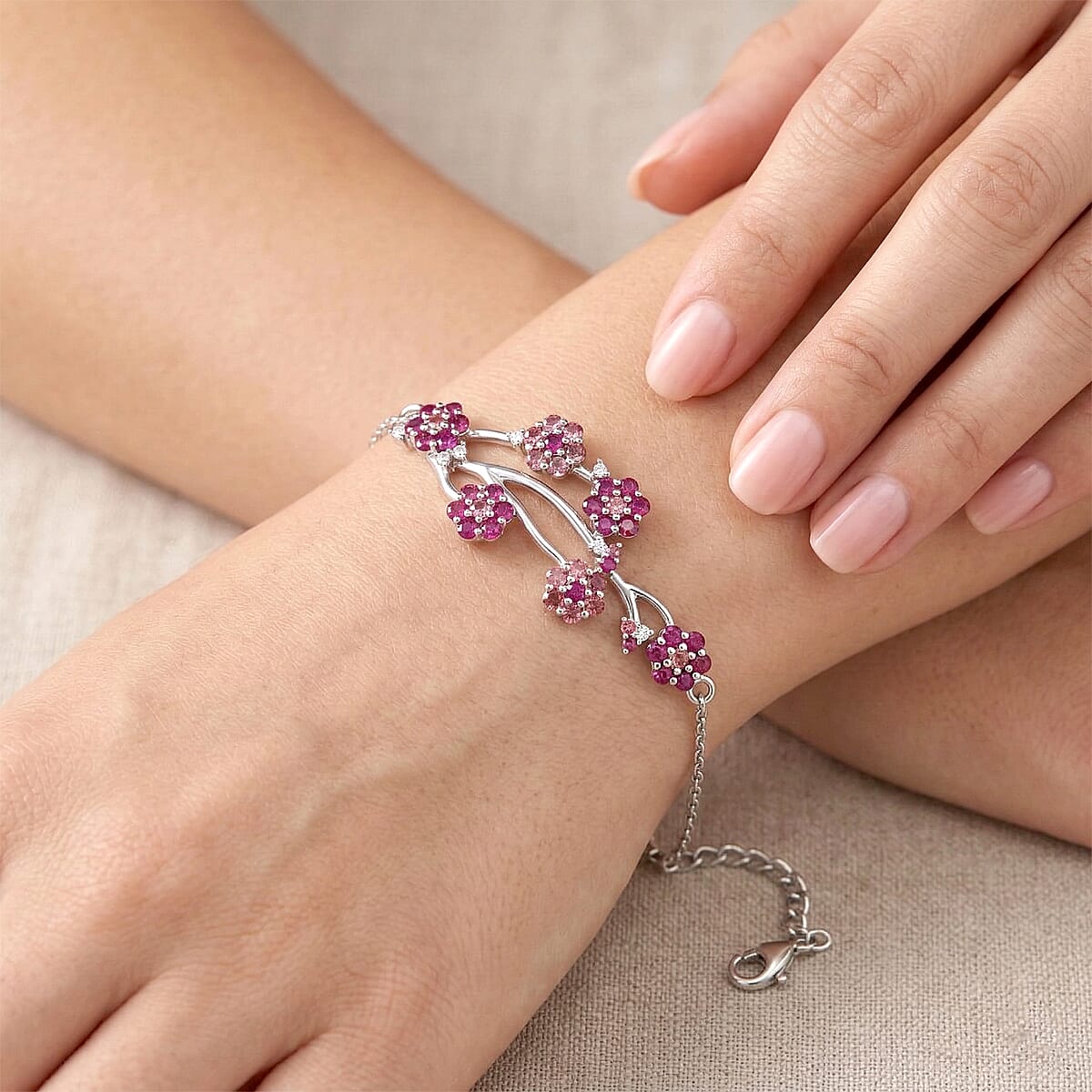 D'Joy Niassa Ruby (FF), Pink Tourmaline and White Zircon 4.20 ctw Bracelet in Rhodium Over Sterling Silver (6.5-8.5In) image number 2