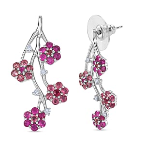 D'Joy Niassa Ruby (FF), Pink Tourmaline and White Zircon 2.60 ctw Earrings in Rhodium Over Sterling Silver