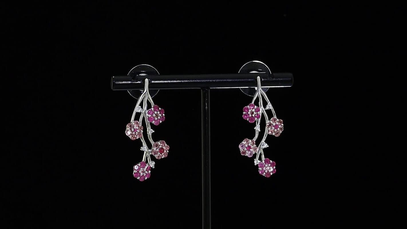 D'Joy Niassa Ruby (FF) and Pink Tourmaline and White Zircon 2.60 ctw Earrings in Rhodium Over Sterling Silver