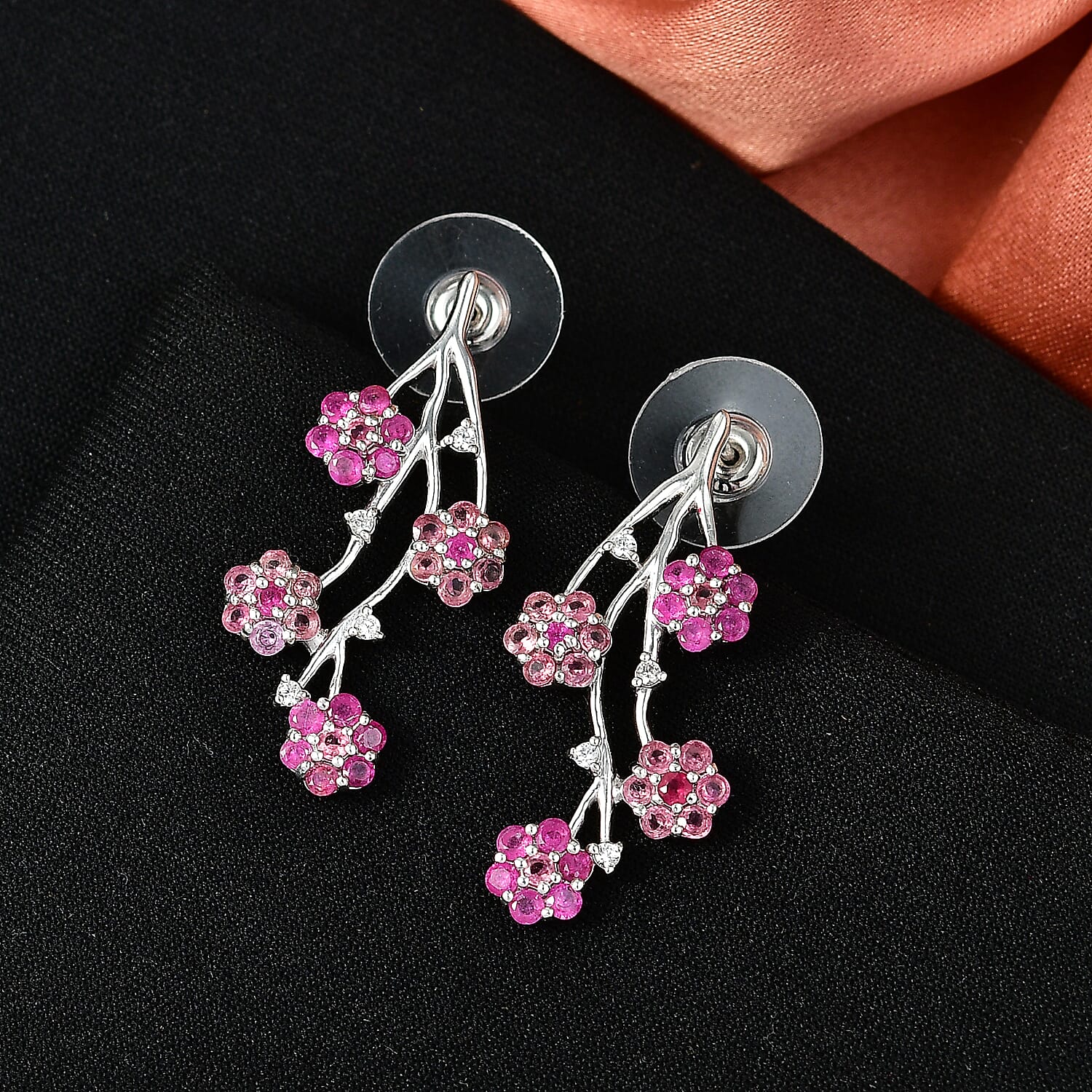 D'Joy Niassa Ruby (FF) and Pink Tourmaline and White Zircon 2.60 ctw Earrings in Rhodium Over Sterling Silver