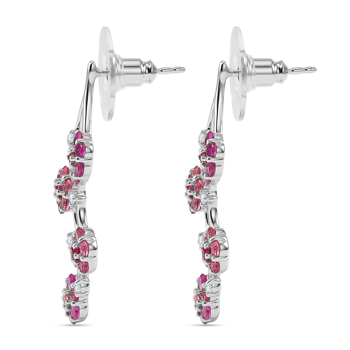 D'Joy Niassa Ruby (FF) and Pink Tourmaline and White Zircon 2.60 ctw Earrings in Rhodium Over Sterling Silver