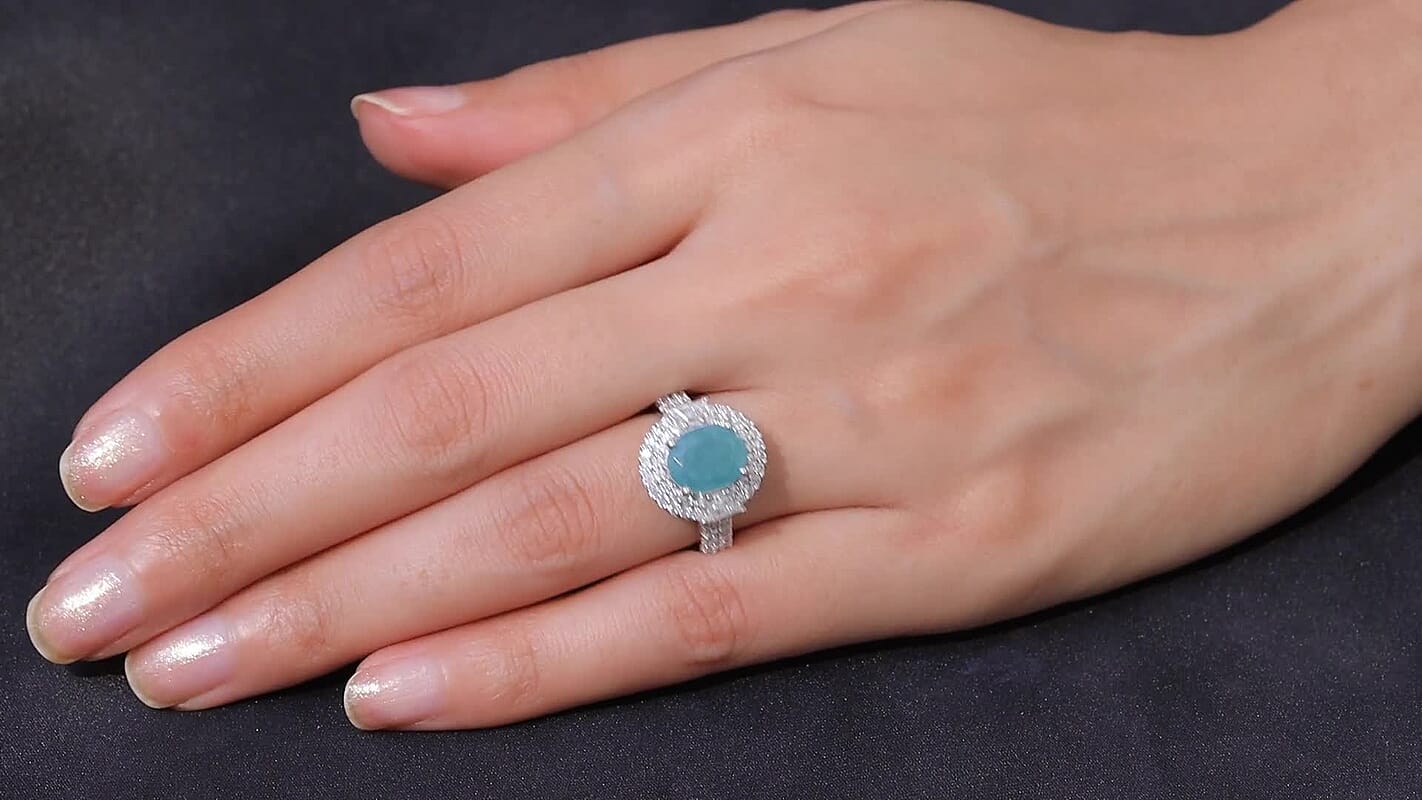 D'Joy Grandidierite, Moissanite Ring in Rhodium Over Sterling Silver (Size 10.0) (Del in 7-10 days) 4.06 ctw