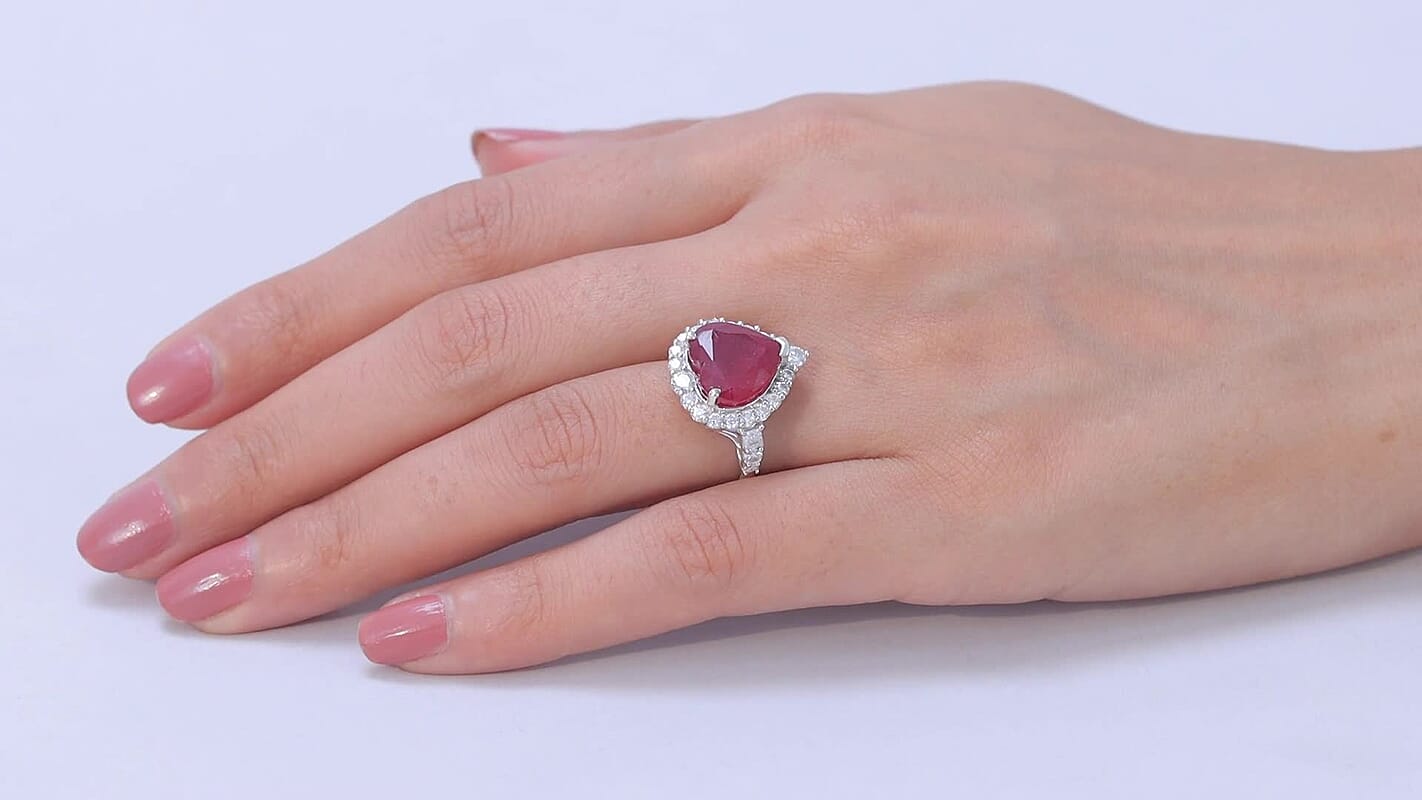 D'Joy Premium Niassa Ruby (FF), Moissanite Ring in Rhodium Over Sterling Silver 9.47 ctw