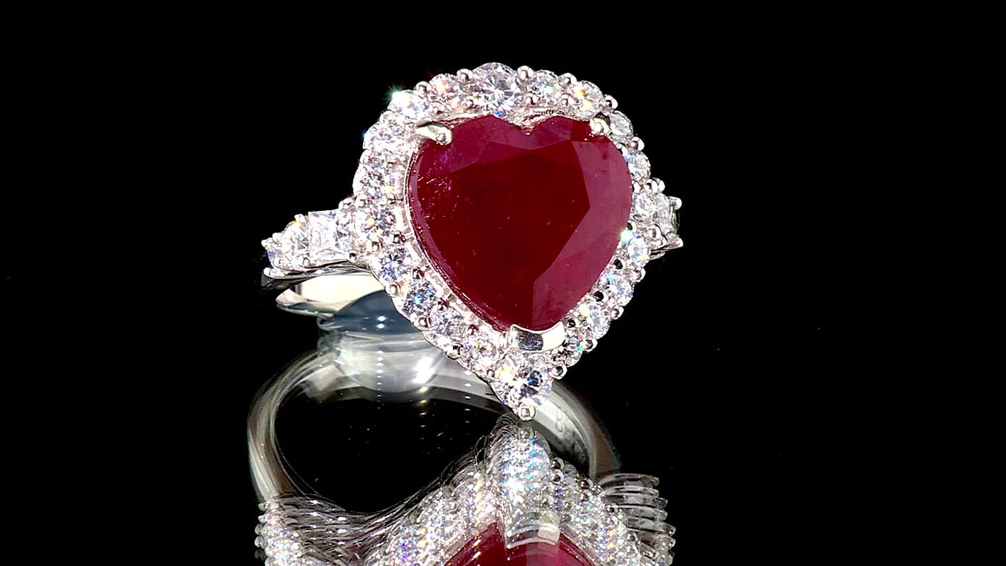 D'Joy Premium Niassa Ruby (FF), Moissanite Ring in Rhodium Over Sterling Silver 9.47 ctw