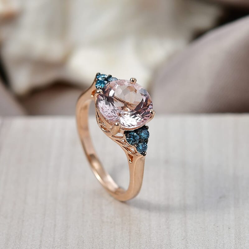 Certified & Appraised 10K Rose Gold AAA Pink Morganite, Luxuriant Lab Grown Blue Diamond (G-H, SI) (0.40 cts) Ring (Size 5.0) (Del. in 7-10 Days) 2.60 ctw